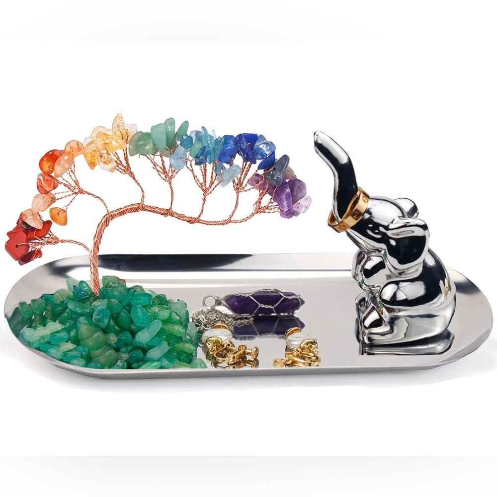 NIB Elephant Chakra Crystal Tree Ring Holder & Dish for Jewelry